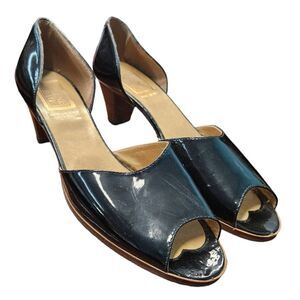 Vintage Beene Bag Black Patent Leather Open Toe Pumps sz 8.5
